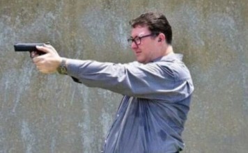 George Christensen posted a photo on Facebook on Saturday, February 17, 2018 showing him at a shooting range with the comment: ‘You gotta ask yourself, do you feel lucky, greenie punks?’ Photo: Facebook