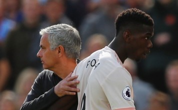Manchester United's Paul Pogba with manager Jose Mourinho after being substituted off against West Ham United. Photo: Reuters