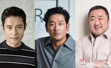 (From left) South Korean actors Lee Byung-hun, Ha Jung-woo and Ma Dong-seok will star in the science-fiction film ‘Mount Paektu’, which will start shooting next year. Photo: Yonhap