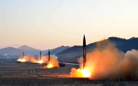 An undated picture released by North Korea's Korean Central News Agency earlier this month showing the launch of four ballistic missiles by the nation’s military. Photo: AFP