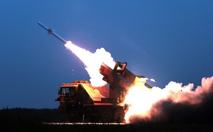 A ground missile is fired to intercept an incoming threat during China’s drill near Bohai Bay on Tuesday. Photo: Handout