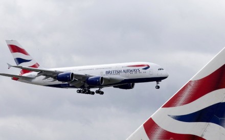 A British Airways Airbus A380 lands at Heathrow Airport. Picture: AFP