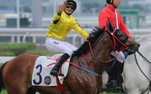 Karis Teetan celebrates a treble as he returns to the winner's circle on John Size's Swift Shadow. Photos: Kenneth Chan