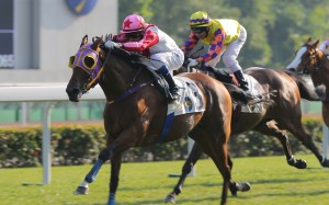 Super Talent breaks through comfortably, with trainer Benno Yung forgoing last weekend's Griffin Trophy so that Douglas Whyte could ride. Photo: Kenneth Chan