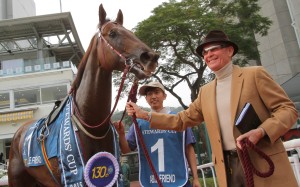 A beaming trainer John Moore after Able Friend blitzed the field in the Stewards' Cup. Photos: Kenneth Chan