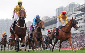 Race 5, Peniaphobia (FRONT left), ridden by Joao Moreira, won the Hong Kong Sprint(group 1, 1200m) at Sha Tin. 13DEC15