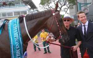 John Moore and Able Friend after winning the Champions Mile last May. Photo: Kenneth Chan