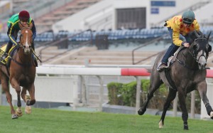 Consort (Chad Schofield) races away from Blizzard (Gerald Mosse) in a trial on Tuesday with the blinkers on to stamp his Hong Kong Derby credentials. Photo: Kenneth Chan