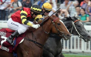 Chautauqua just gets up over the top of Lucky Bubbles to win the Chairman’s Sprint Prize. Photo: HKJC