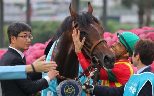 Joao Moreira gives Maurice a hug as trainer Noriyuki Hori looks on after the team combined to win the Champions Mile. Photo: Kenneth Chan