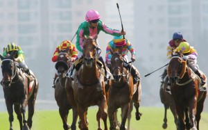 Bundle Of Joy, ridden by Vincent Ho, wins the first edition of the renamed National Day Cup (the Group Three over 1,000m) in 2014. Photos: Kenneth Chan