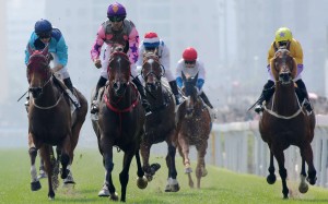 Joao Moreira guides Amazing Kids (pink and purple) to victory in the Group Three Bauhinia Sprint Trophy. Photos: Kenneth Chan