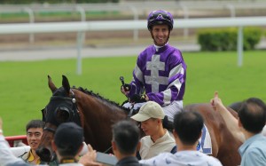 Nash Rawiller is all smiles after recording his 100th Hong Kong winner with Strathclyde on Saturday. Photos: Kenneth Chan