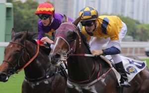 Sam Clipperton guides Amusing City (right) to victory at Sha Tin in April. Photo: Kenneth Chan