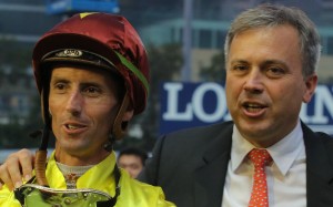 Nash Rawiller and Caspar Fownes celebrate Southern Legend’s win at Happy Valley. Photos: Kenneth Chan.