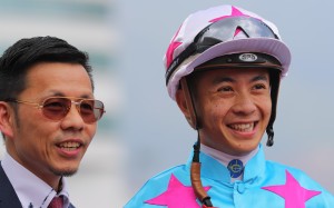 Frankie Lor and Derek Leung celebrate Midnite Promise’s win on Sunday, the jockey’s first in more than a month. Photos: Kenneth Chan.