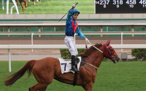 Joao Moreira celebrates after Rapper Dragon won the Group Two Chairman’s Trophy at Sha Tin. Photo: Kenneth Chan