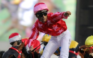 Karis Teetan celebrates riding his fifth winner on Morethanlucky in the last race of the day. Photos: Kenneth Chan