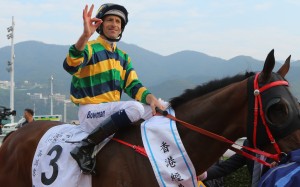 Hugh Bowman celebrates his Classic Mile win aboard Furore. Photos: Kenneth Chan