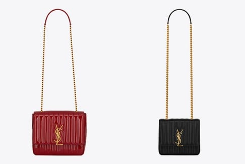 (Left) Large Vicky chain bag in red patent quilted leather. (Right) Medium Vicky chain bag in black lambskin quilted leather.