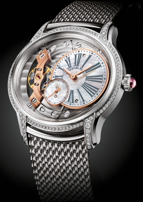 Hand-Wound Millenary watch in 18-carat white gold featuring a diamond-set bezel and lugs, mother-of-pearl dials and an 18-carat white gold Polish mesh bracelet.