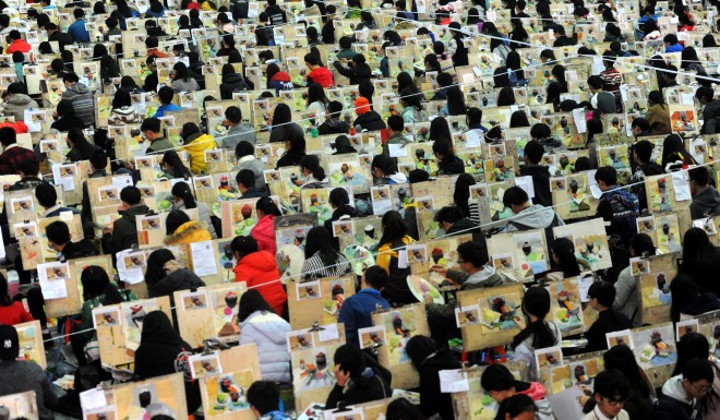 Students participate in a fine arts exam in Wuhan, Hebei Province. The voices of the younger generation are increasingly hard to ignore or censor.