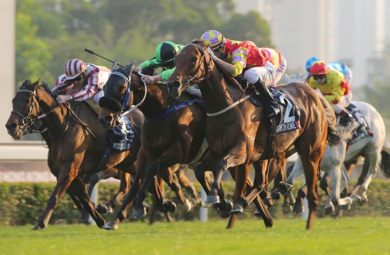 Reigning Horse of the Year Designs On Rome (Joao Moreira) wears down Military Attack (Zac Purton) to claim bragging rights in the HK$25 million feature race. Photos: Kenneth Chan