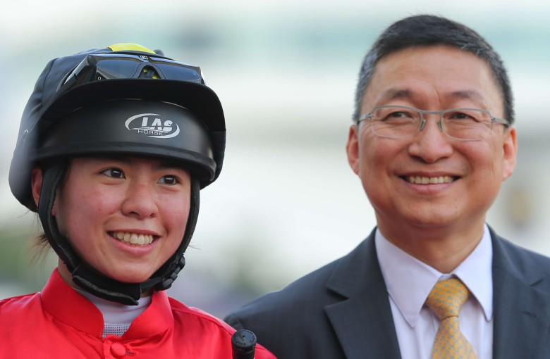Apprentice Kei Chiong celebrates Marvel Tribe’s win for her master Francis Lui. Photo: Kenneth Chan