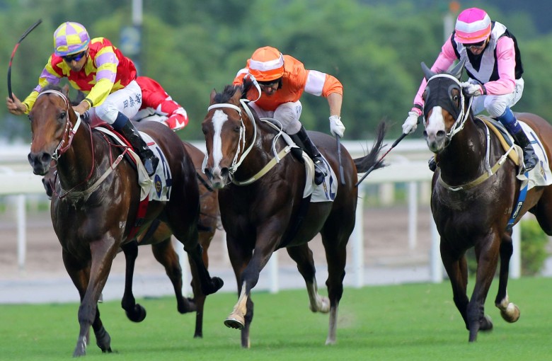 Designs On Rome (left) fights off Blazing Speed and Beauty Only to win the Group Two Sha Tin Trophy. Photos: Kenneth Chan