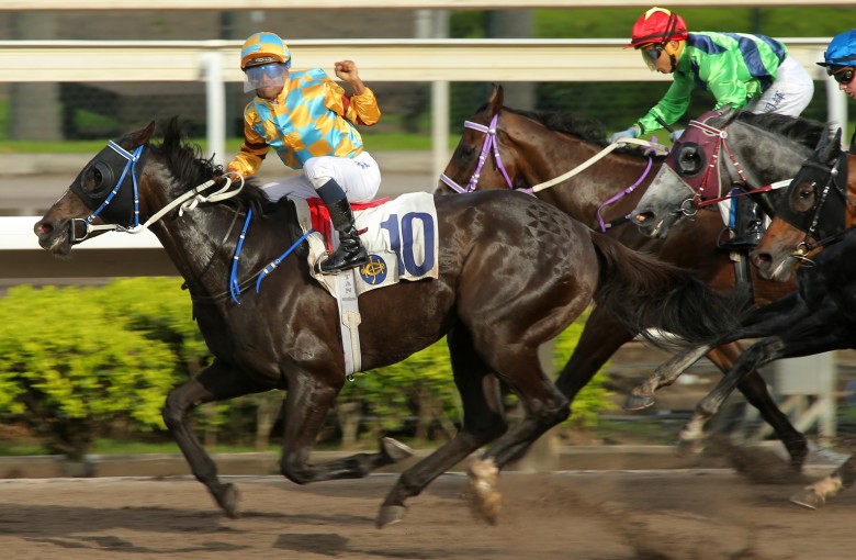 Karis Teetan celebrates Mega Red’s win in June. Photos: Kenneth Chan