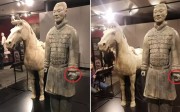 The ancient Chinese terracotta warrior before and after its left thumb is removed while on display at a museum in the US city of Philadelphia. Photo: Peopleapp.com