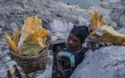 Miner carrying baskets of sulphur in Kawah Ijen, East Java, Indonesia. Photo: Agoes Rudianto