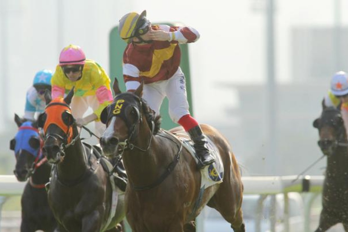 Italian jockey Umberto Rispoli looks up to the sky after scoring on Perfect Hedge. Photo: Kenneth Chan