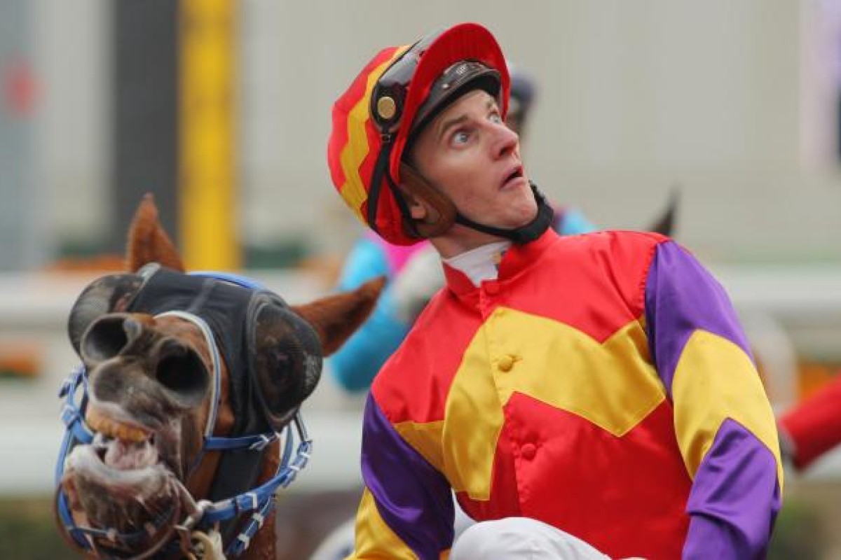 Zac Purton strikes an unusual pose as he tries to mimic Windicator Star after winning the Pearce Memorial Challenge Cup. He is five clear of Douglas Whyte in the jockeys' table. Photo: Kenneth Chan