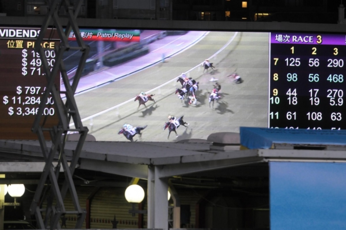 The big screen shows the nasty fall in race two. Photo: Kenneth Chan