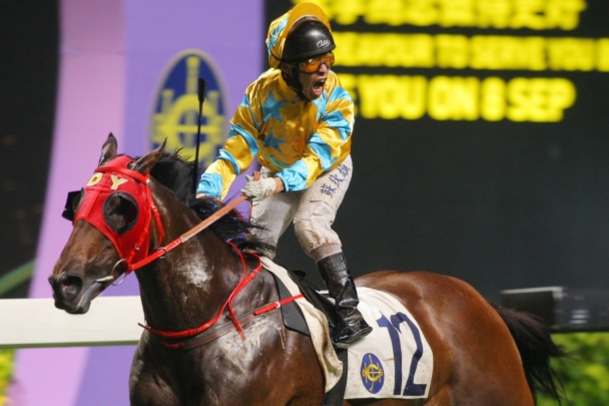 Ben So is ecstatic as he brings home Flying Elite in the last race to win the title for Dennis Yip.