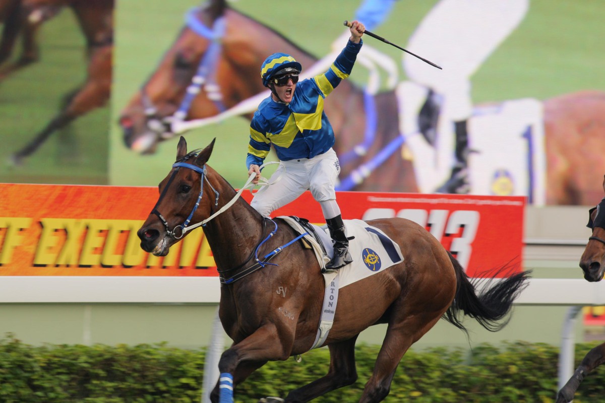 Zac Purton, on Fair Trade, celebrates his double as if he had just won a Group race. Photo: Kenneth Chan