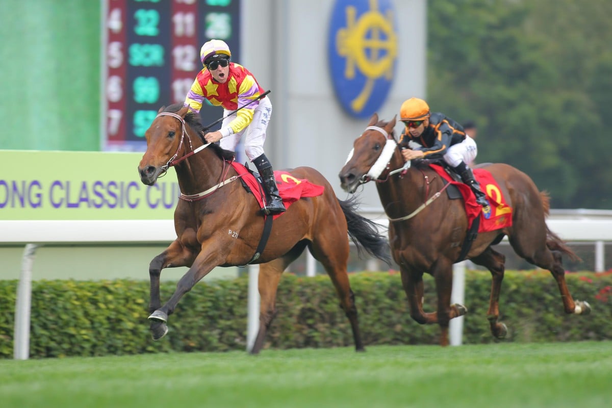 Tommy Berry celebrates his victory on Designs on Rome in the Classic Cup, with stablemate Able Friend (Joao Moreira) a vanquished favourite. Photo: Kenneth Chan