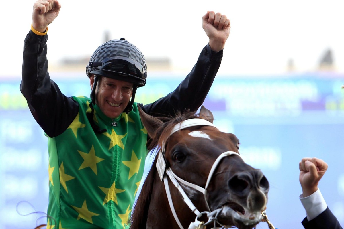 Anton Marcus and Variety Club after winning winning the Godolphin mile race during this year's Dubai World Cup. Photo: EPA
