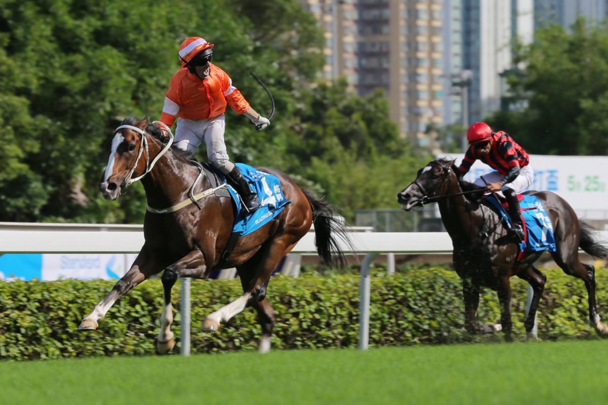 Neil Callan salutes as he wins the Champions & Chater Cup on Blazing Speed. Photo: Kenneth Chan