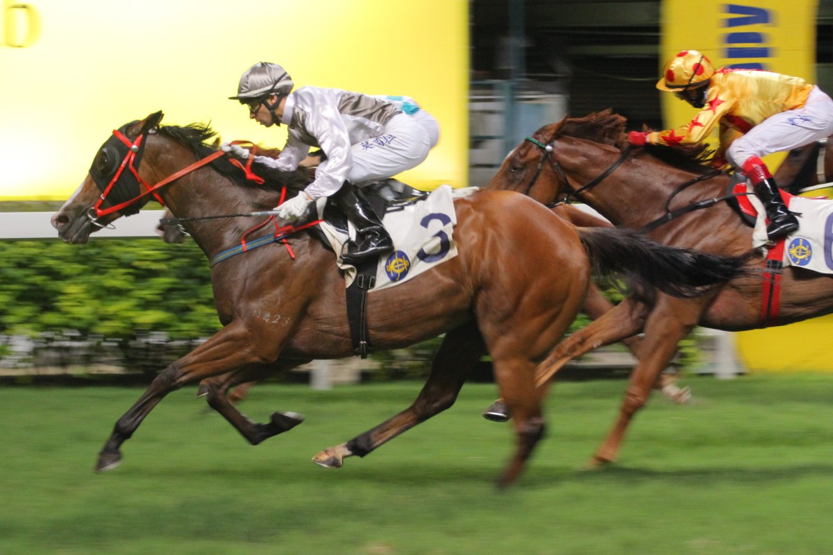 Joao Moreira gets up to score aboard Victorius for his second win of the night. Photo: Kenneth Chan 