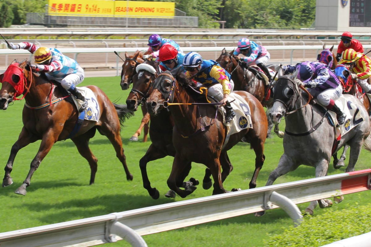 Sensation (Zac Purton) bursts through to win the first straight race of the season, but the effort of the grey Incredible Fellow (Olivier Doleuze) also caught the eye. Photo: Kenneth Chan