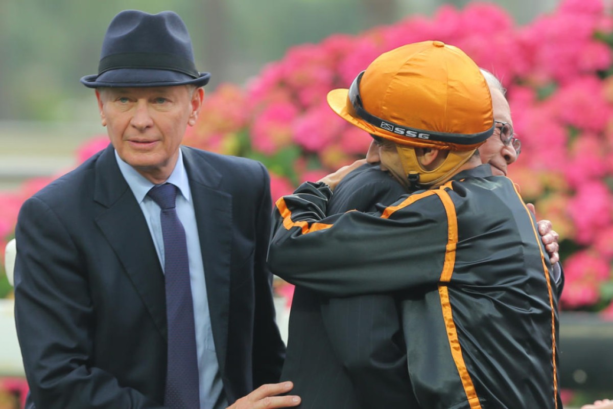 Able Friend's trainer, owner and jockey - John Moore, Dr Cornel Li and Joao Moreira. Photos: Kenneth Chan