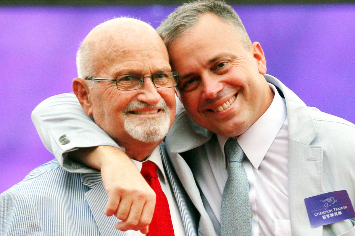 Lawrie Fownes and son Caspar at Sha Tin in July 2014. Photo: Kenneth Chan