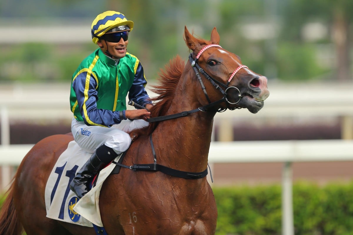 Karis Teetan was full of praise for Blizzard after the flashy galloper defied a tough run to score. Photo: Kenneth Chan