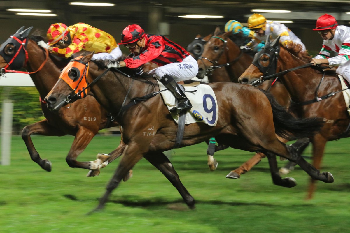 Divine Boy races to the lead near the line to just grab Romantic Cash, giving Joao Moreira a "sub-par" treble. Photos: Kenneth Chan