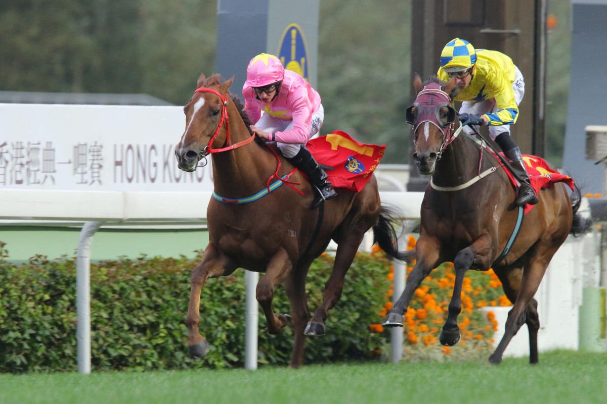 Sun Jewellery (Ryan Moore) just holds off the late charge of Werther (Hugh Bowman) to win the Classic Mile last start. He can defy a trend of victorious outsiders to win today. Photos: Kenneth Chan