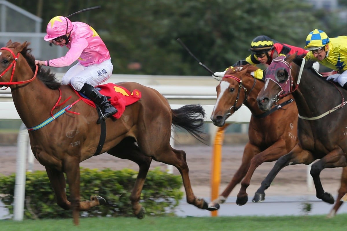 Sun Jewellery (Ryan Moore) makes the right kind of noise winning the Hong Kong Classic Mile at Sha Tin. Photo: Kenneth Chan