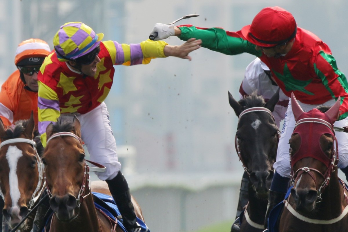 Tommy Berry on Designs On Rome and Joao Moreira on Helene Happy Star celebrate after John Moore’s pair finished one-two in the Hong Kong Gold Cup. Photo: Kenneth Chan