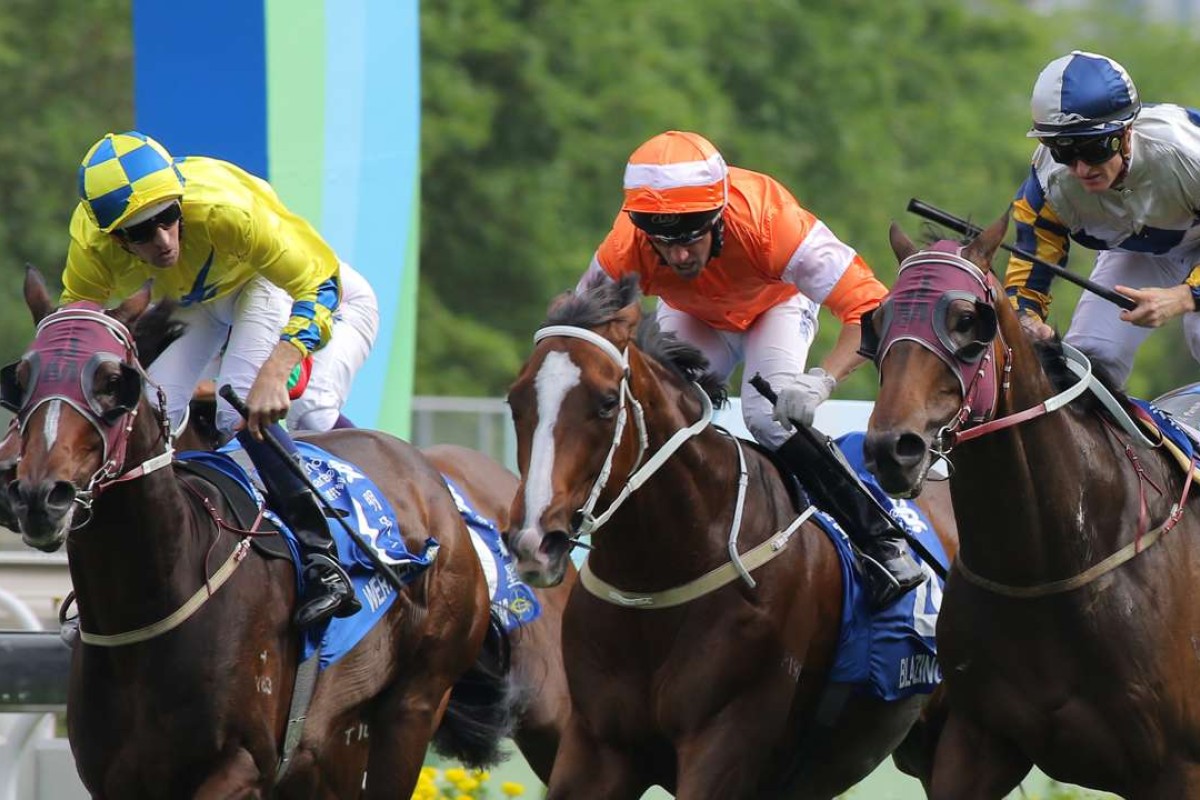 Werther, Blazing Speed and Victory Magic hit the line locked together in the Champions & Chater Cup. Werther eventually finished on the losing end of the three-way photo behind Blazing Speed. Photo: Kenneth Chan